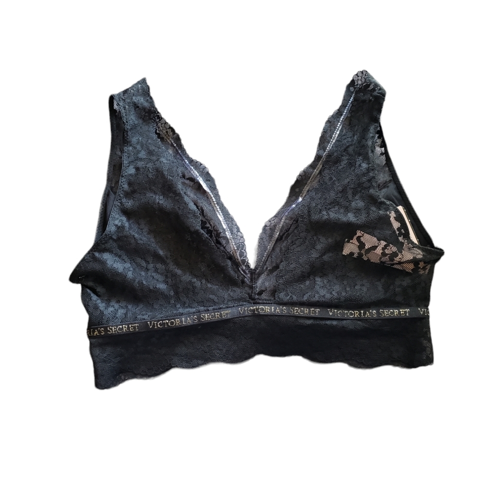 Victoria's Secret Black Gold Logo SIZE LARGE Lace Bralette Unlined Lounge Bra VS